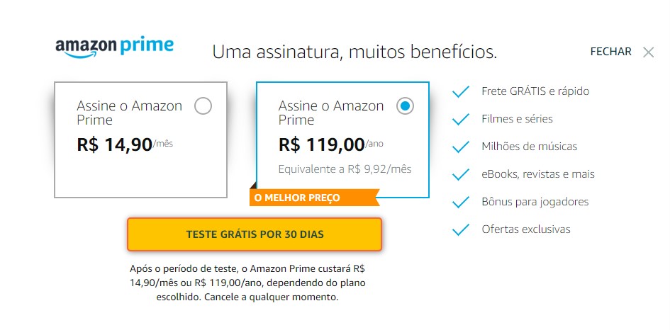 Imagem da seleção dos planos de assinatura do Amazon Prime.